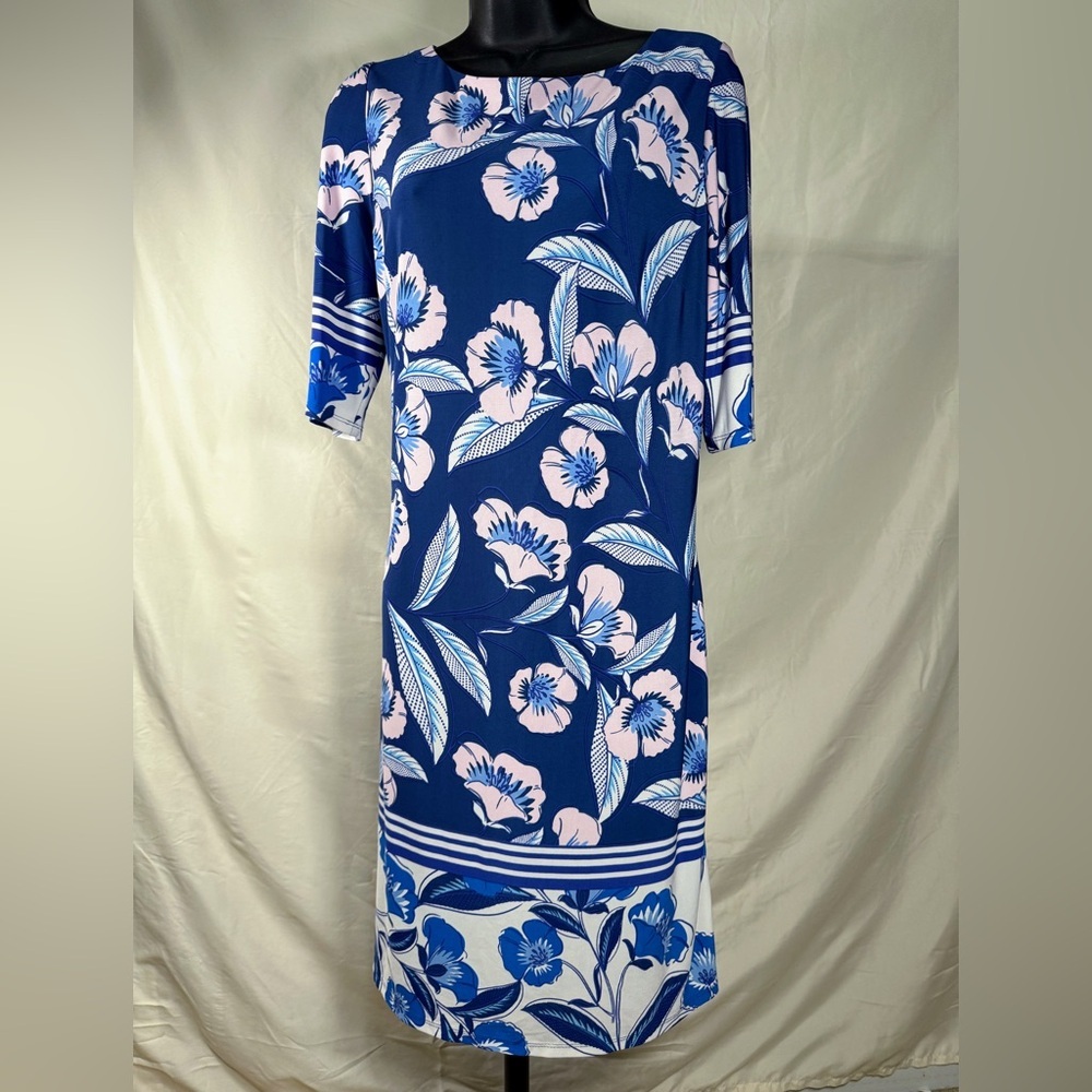 Eliza J Dress sz14 Blue Pink Floral Feather Short Sleeve Retro Shift Cottagecore